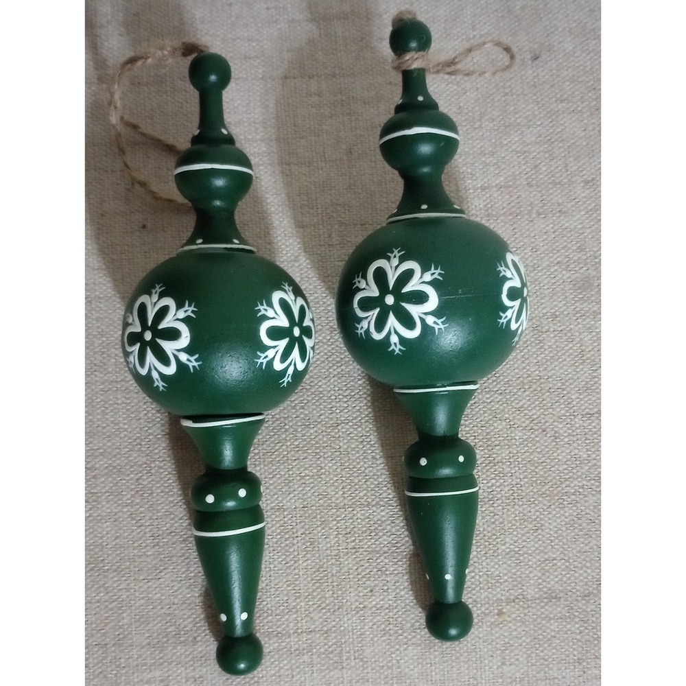 Set of 2 Green Wooden Finial Christmas Ornaments Hand Painted Floral Design